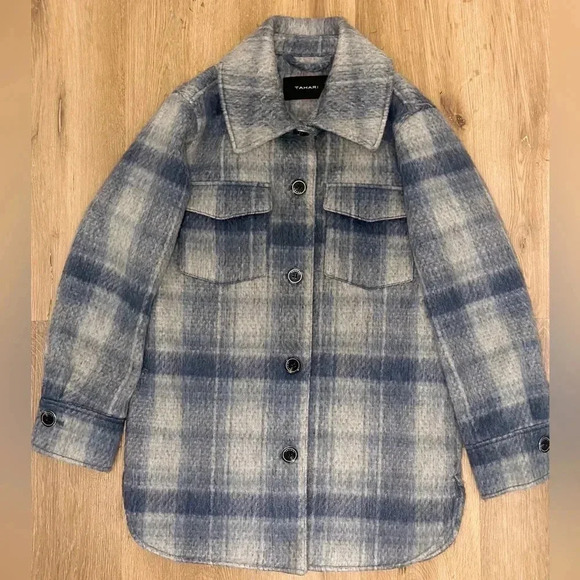 Tahari Staci Wool Blend Coat Shirt Jacket in Blue Plaid Women’s XS - Picture 2 of 7